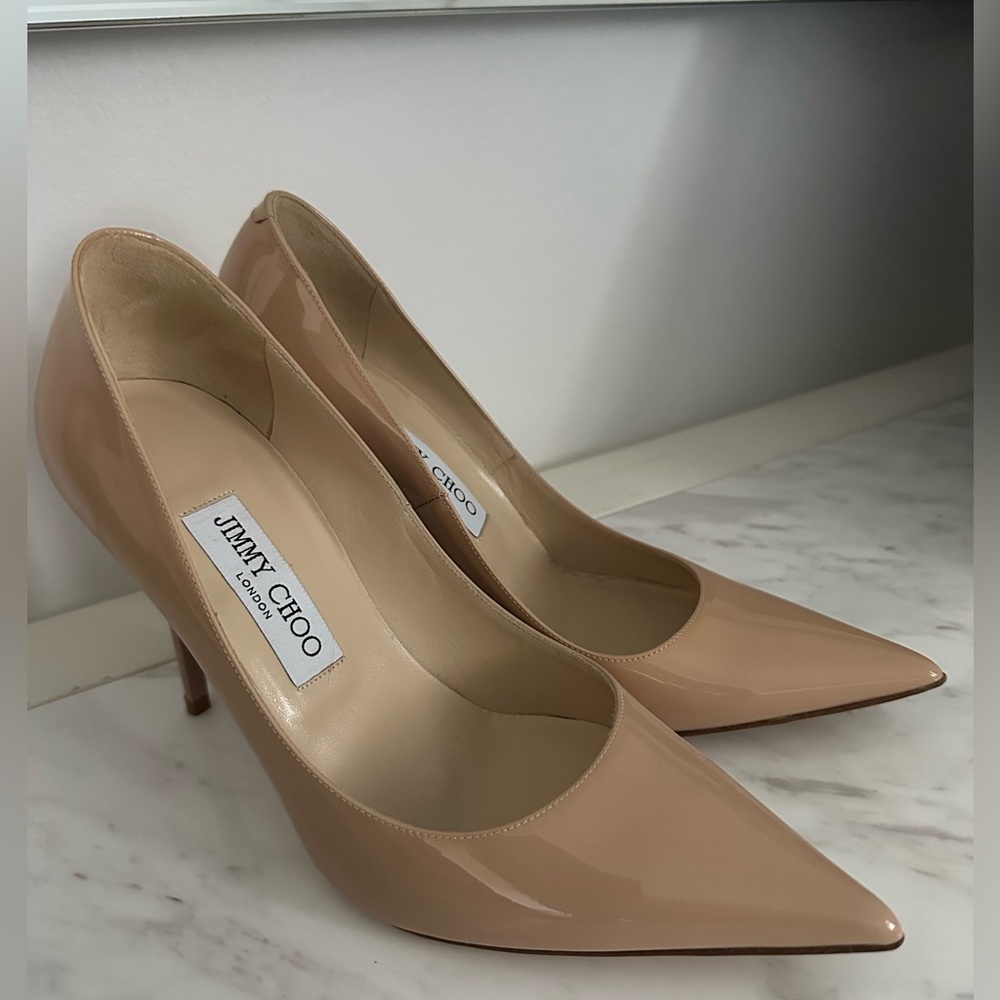 Jimmy Choo Beige Patent Pointed-Toe Pumps